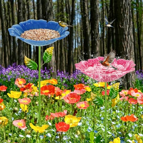 Image of 2 Pack Bird Bath for Outside, Outdoors Garden Decor Flower Birdbath | Colorful Metal Bird Bowl with Five Stakes for Hummingbird Baths & Bird Feeders, 31.3 inch H x 10.63 inch Dia (Royal Blue,Pink)