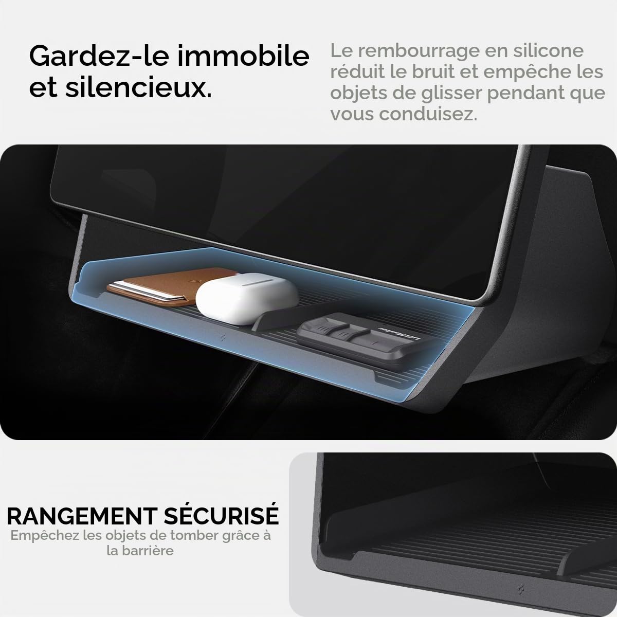 Spigen Tesla Model Y Juniper 2025 2026 Model 3 Highland 2024-26 Organisateur de Rangement sous l'Écran, Installation en un Tap, Conçu pour Accessoire Tesla - Noir
