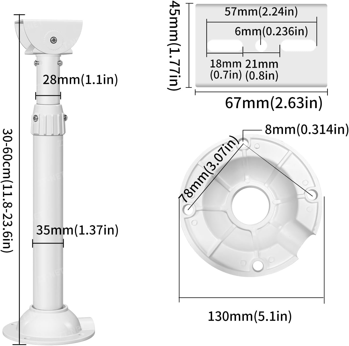 ZT-NET Extendable Mounting Pole for Security Surveillance Cameras, Adjustable Ceiling Mount Bracket for CCTV IP Camera Solid Metal Powder Spray Coating 11.8-23.7 inch, I Type