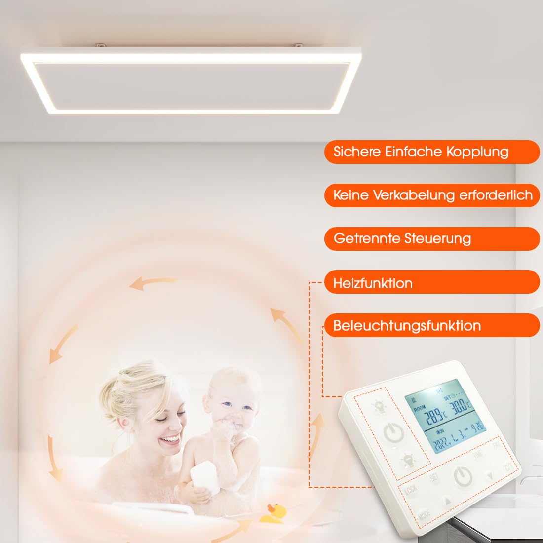 Riscaldamento a infrarossi, montaggio a soffitto, 1190 Watt, riscaldamento a raggi infrarossi con illuminazione a LED, riscaldamento a infrarossi, soffitto con termostato, telecomando, riscaldamento