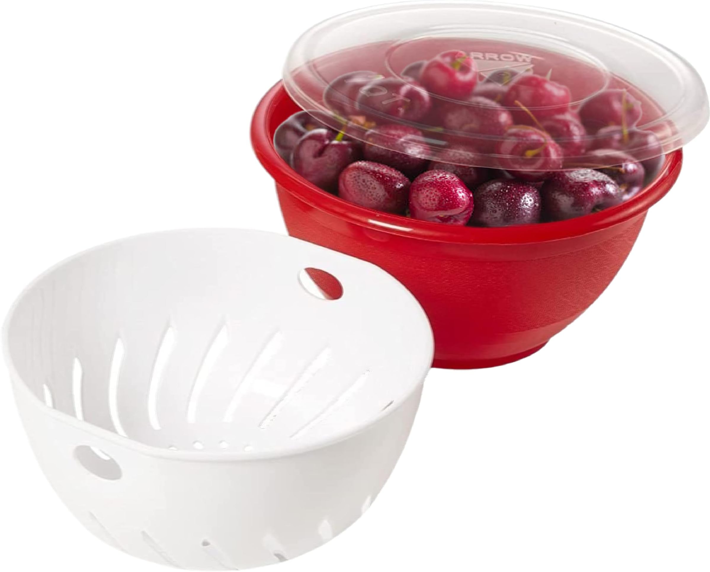 Arrow Home Products Berry Bowl & Berry Colander Set - Fruit Strainer Container with Lid, Rinse Store & Serve - Made in USA, Dishwasher Safe, BPA Free, 1 Quart, Assorted Colors (Either Red or Green)
