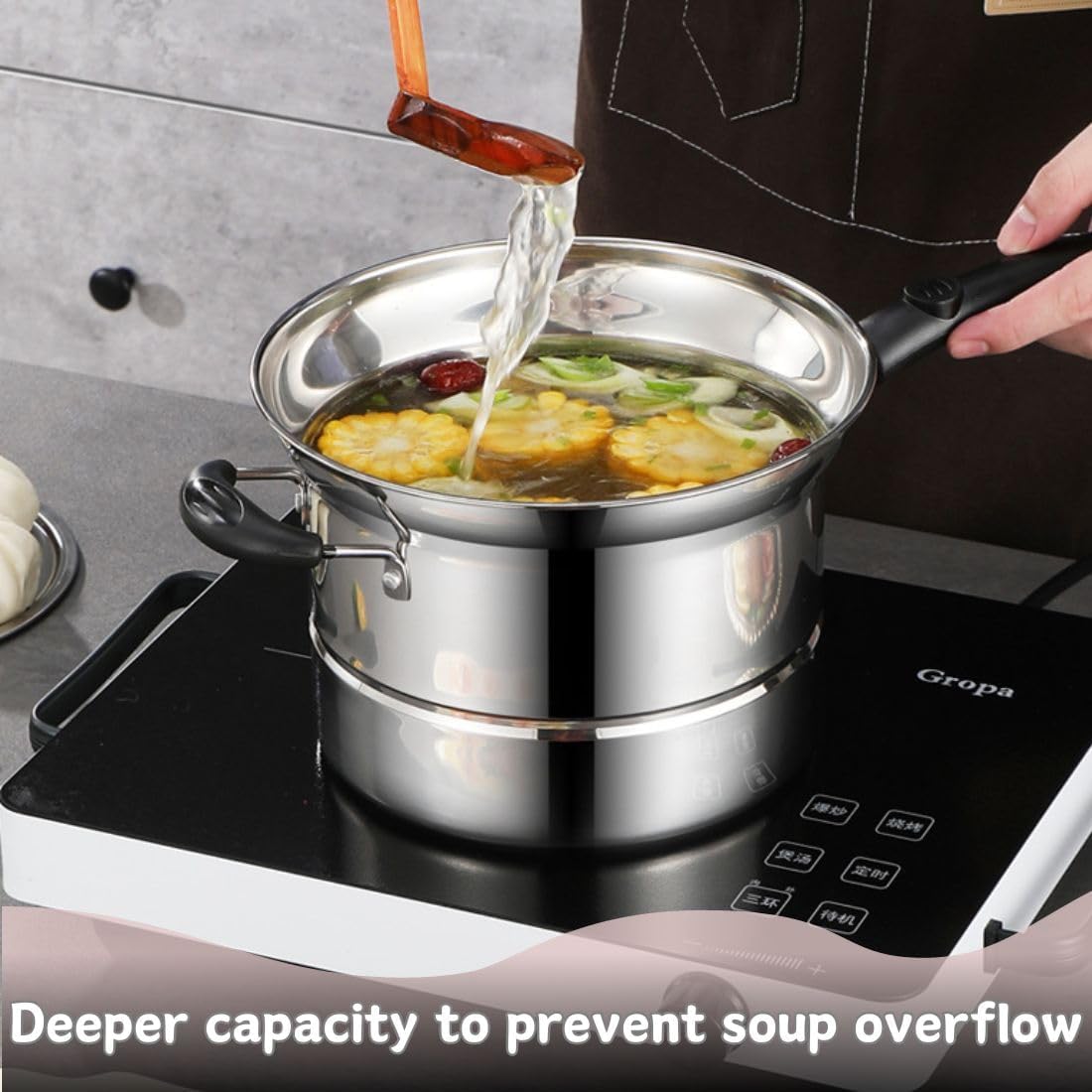 Stainless Steel Multipurpose Pot with Deep Fry Basket, Steamer Rack, Glass Lid Strainer, 3.5 Quart Sauce Pan with Stay-cool Handle for Cooking Gravies, Vegetable Steamer