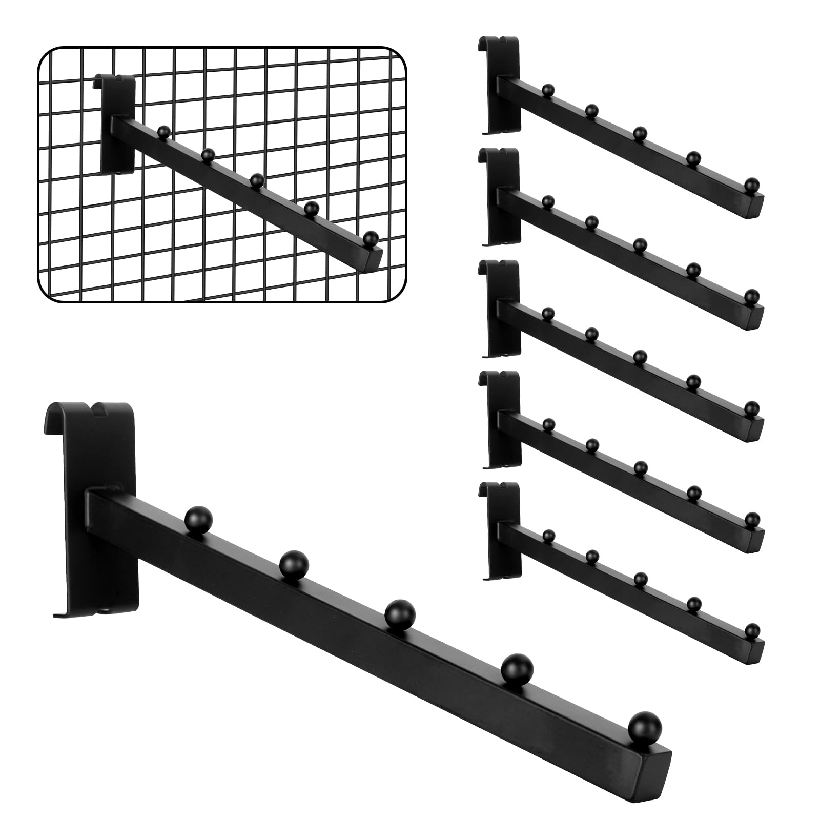ALISWAT 6 Pack Gridwall Waterfall Hooks 5 Ball, 12 Inch Gridwall Clothes Hanger Gridwall Waterfall Faceouts for Wire Grid and Grid Wall, Grid Wall Accessories for Garment Retail, Home and Garage