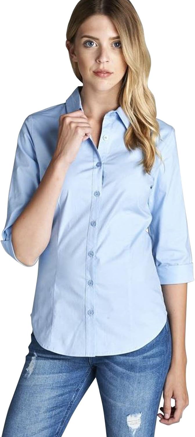 VDS Women's [S-3XL] 3/4 Sleeve Stretchy Button Down Collar Shirt 1XL T2564_64BLUE