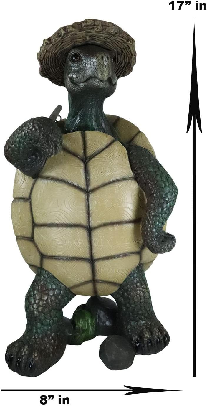 Ebros Gift Nautical Nature Lover Adventure Hiking Tortoise with Straw Hat Statue Carrying Solar Powered Lantern LED Light On A Pole Turtle Garden Yard Pool Patio Deck Home Decorative Accent