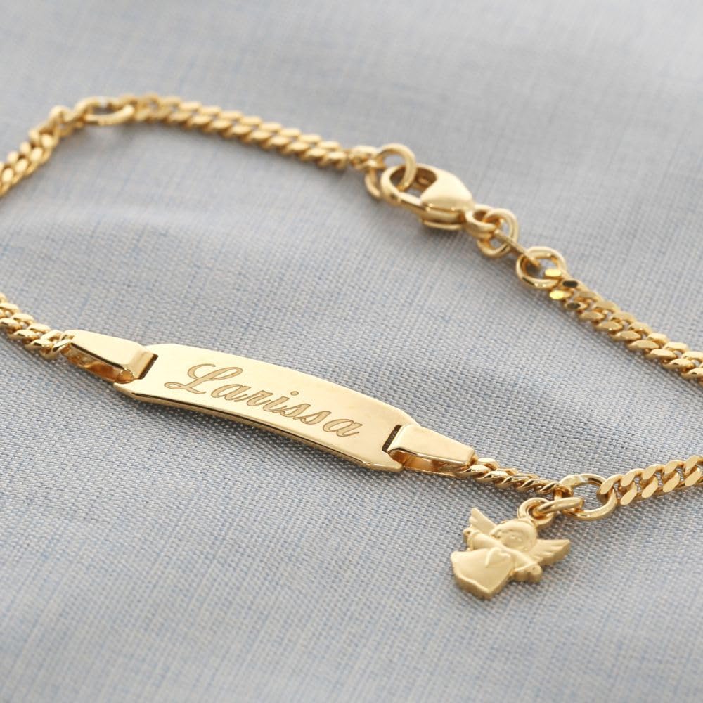 Baby ID Armband mit Engel Taufarmband Gravur Babyarmband 925 Silber vergoldet Taufschmuck mit Namen kurz 12cm 14cm Gold personalisiert