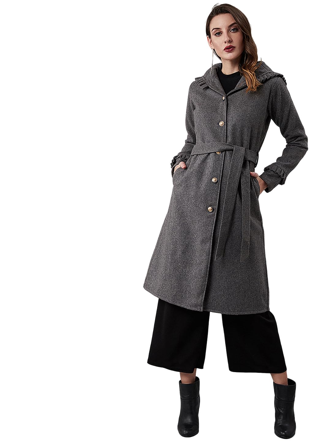 poshbery Grey Long Full Sleeve Knee Length Coat with Hood and Ruffle Detail-picture-52