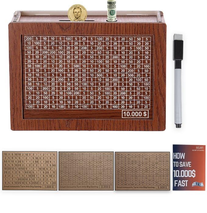 10000 Savings Challenge Box, 10K Smash Money Box with Countdown to $10000 $5000 $3000 $1000 Targets, TenkayBox, Tenkai Box, Wooden Kakeibo Cashbox, Ten Kay Box