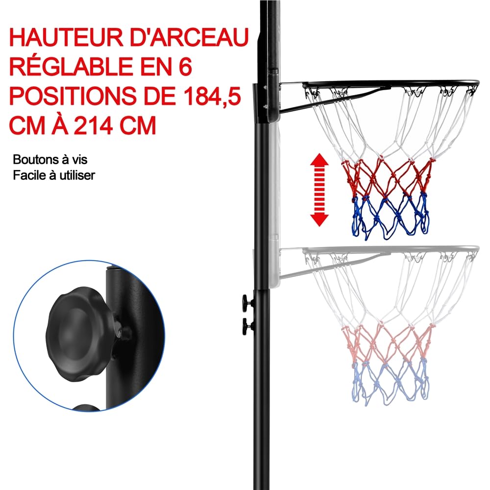 Yaheetech Panier de Basket Extérieur Portable Réglable en Hauteur 219-249/234-264 cm Panier de Basket sur Pied à roulettes avec Base de Lestage Panneau Arrière Robuste Noir
