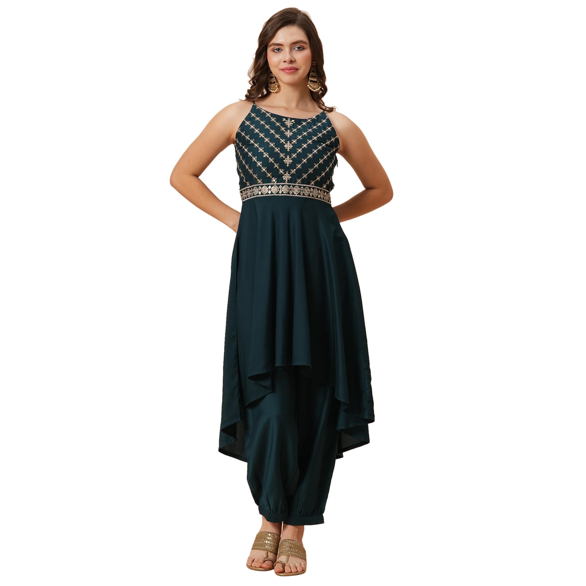 Women Muslin Embroide Round Halter Neck High-Low Hem A-Line Kurta With Fully Elasticated Afghani Pants Festive Kurta Set