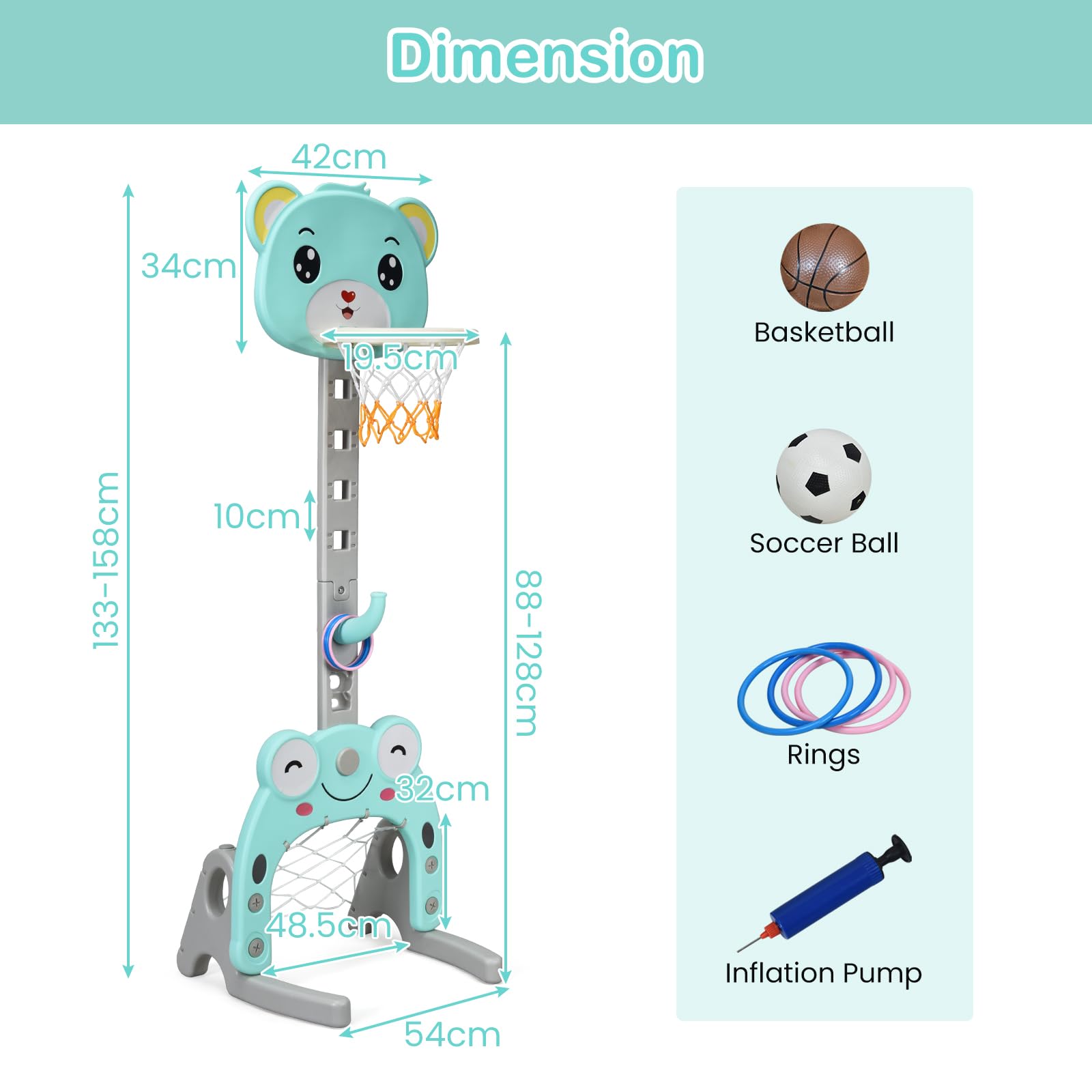 HOMASIS 3 in 1 Kinder Basketballkorb Set, multifunktional Basketballständer mit Fußballtor & Ringwurf im Tierform, höhenverstellbar Basketballkorb mit Ständer inkl. Bälle & Ringe (Blau)