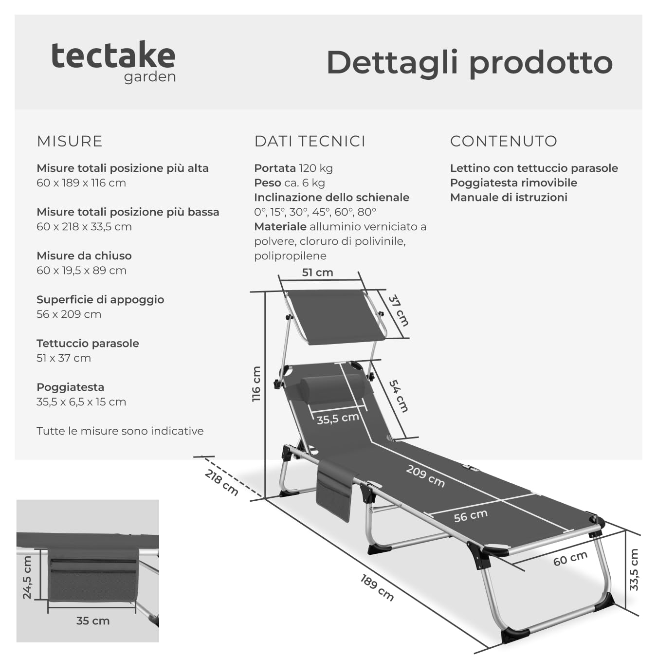 tectake® Lettino Prendisole Pieghevole, Telaio in Alluminio, Schienale Regolabile in 6 Posizioni, Lettino Sdraio con Tetto Parasole e Comodo Cuscino, Ideale per Giardino e Campeggio - Grigio