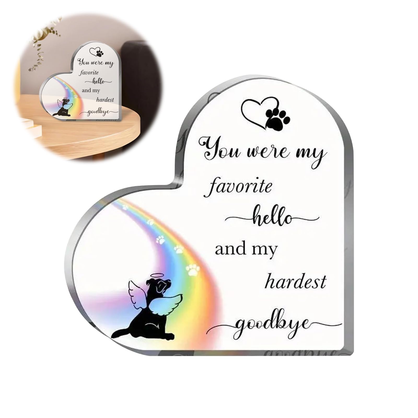 CutitiUU Rainbow Bridge Dog Memorial Heart-Shaped Acrylic Remembrance Decoration, Clear, 10 x 10 x 1 cm