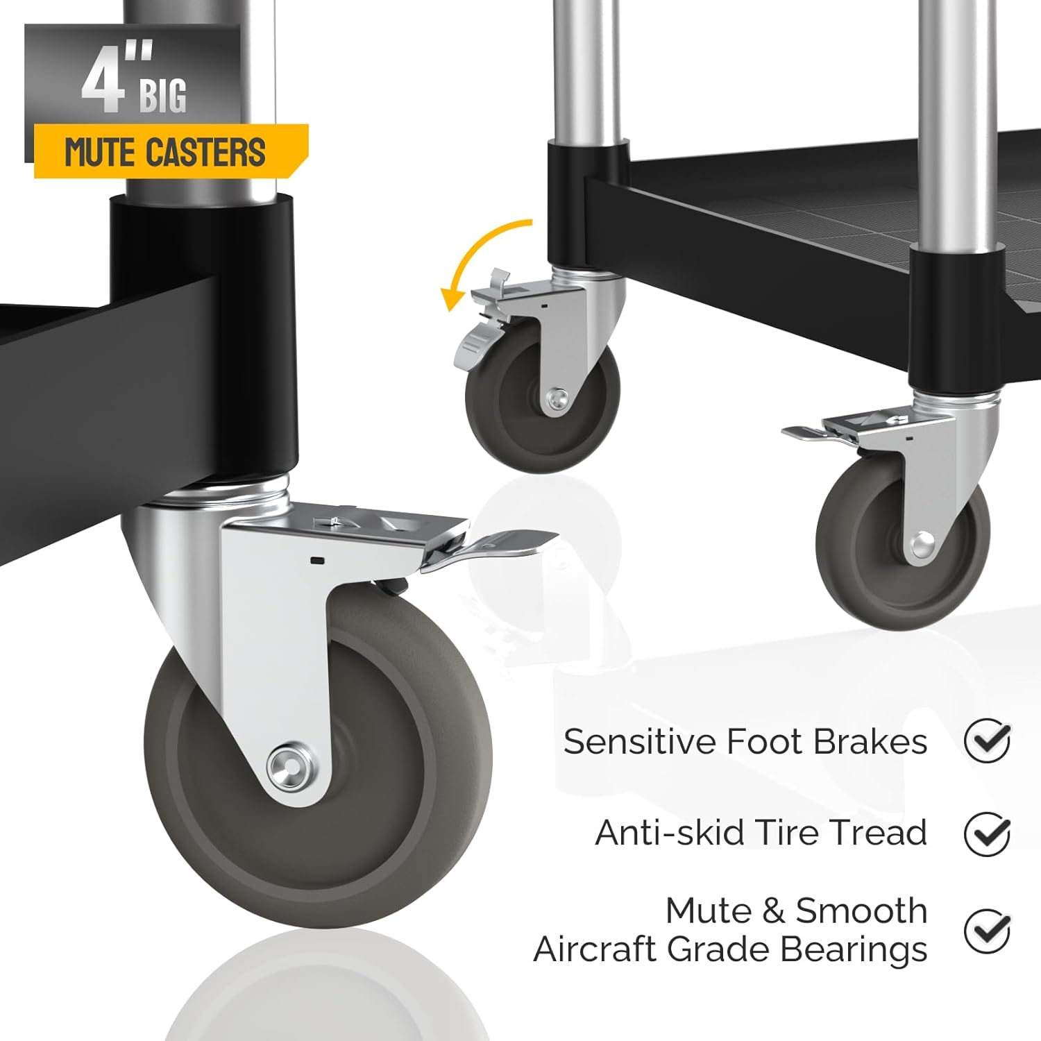 3-Tier Commercial Utility Cart with Wheels, Heavy Duty Rolling Plastic Service Cart, 450 lbs Capacity for Foodservice, Restaurant, Cleaning, Workplace, 42.1'' x 20.1'' x 38.2''