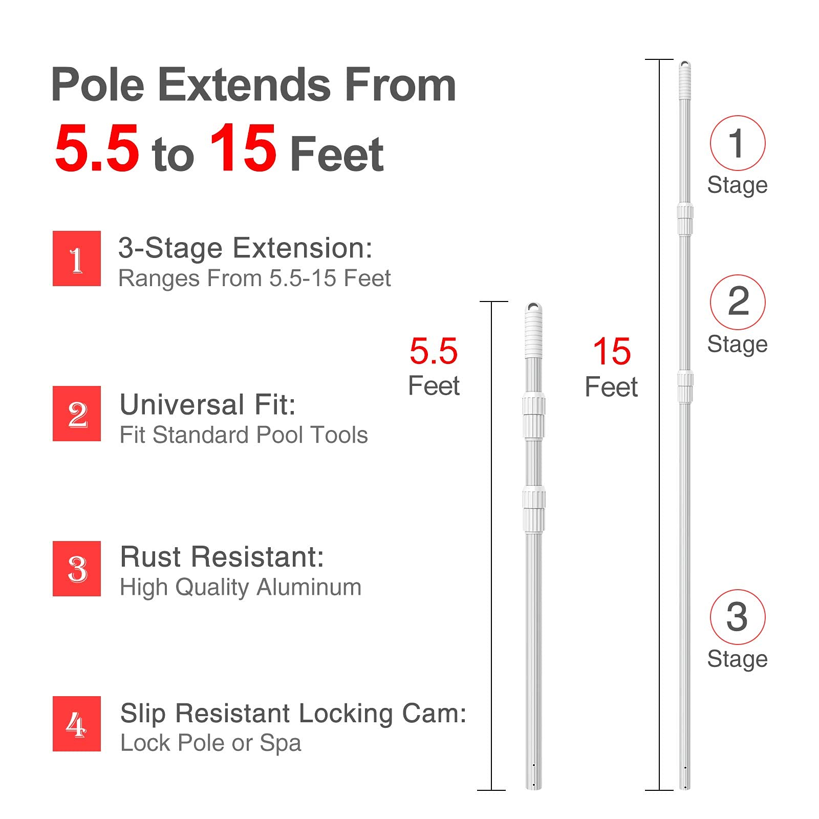 YEECHUN Professional 15 Foot Swimming Pool Pole Telescopic Aluminum Fits Pool Net Skimmer Rake Vacuum Head Brush Cleaning Equipment Heavy Duty,for Skimmer Nets, Vacuum Heads and Brushes