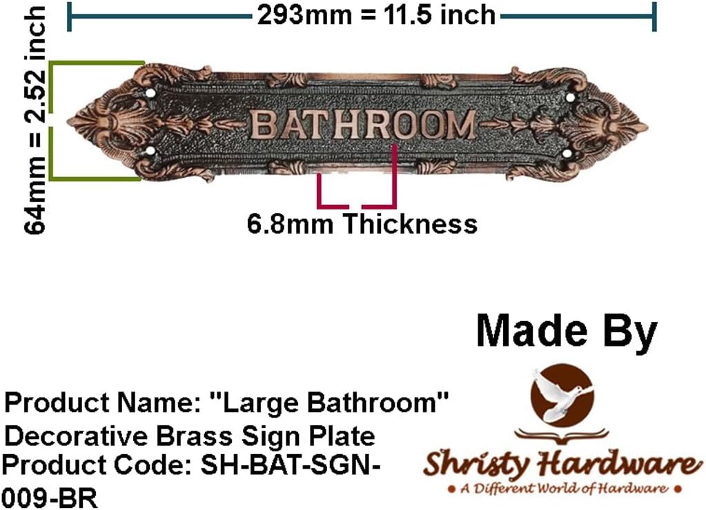 Shristy Hardware "Large Bathroom" Decorative Brass Sign Plate – (Pack of 1 Antique Copper Finish)