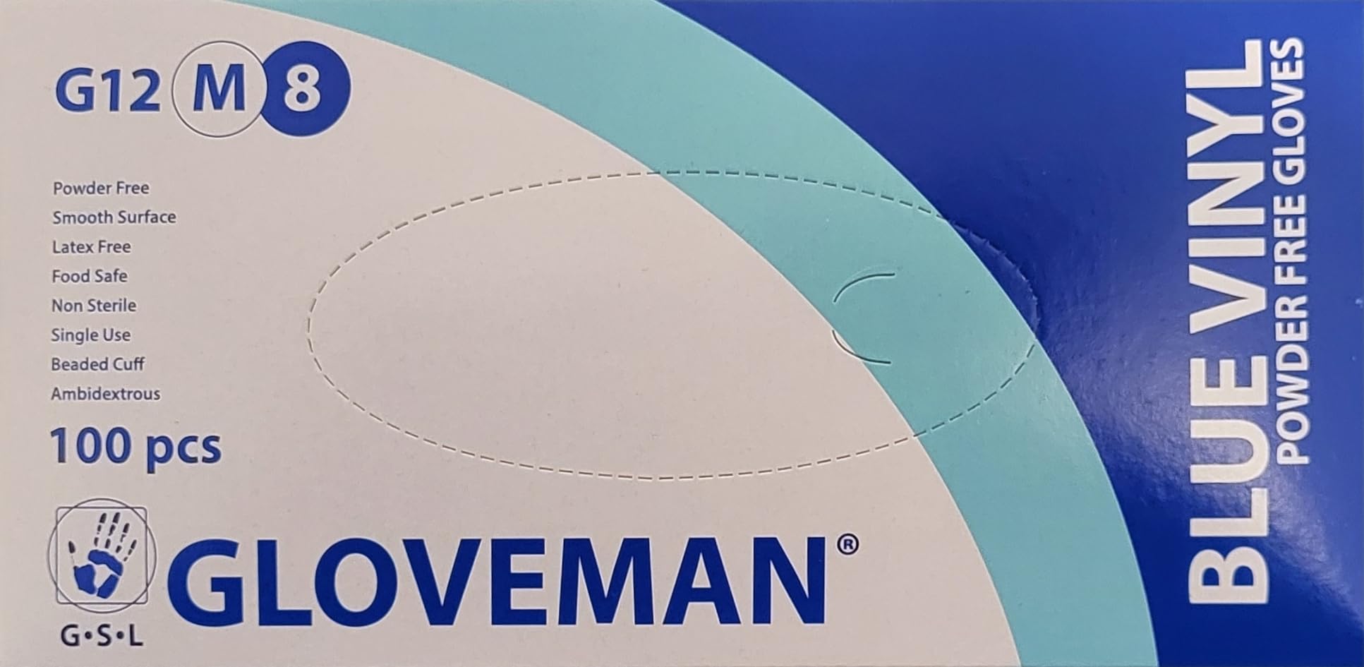GLOVEMAN Blue Vinyl Gloves, Powder & Latex Free, 100 Gloves Per Box - Size MEDIUM - Food Safe - New