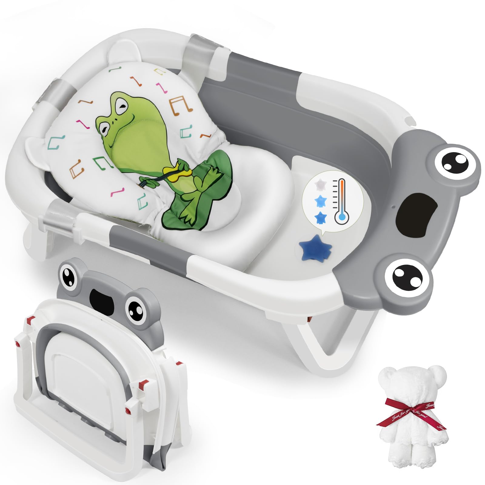 DEANIC - Bañera plegable para bebés con paño para bebés, bañera portátil con cojín de apoyo suave para recién nacidos de 0-3-6-12 meses, bañera plegable para interiores, viajes (gris)