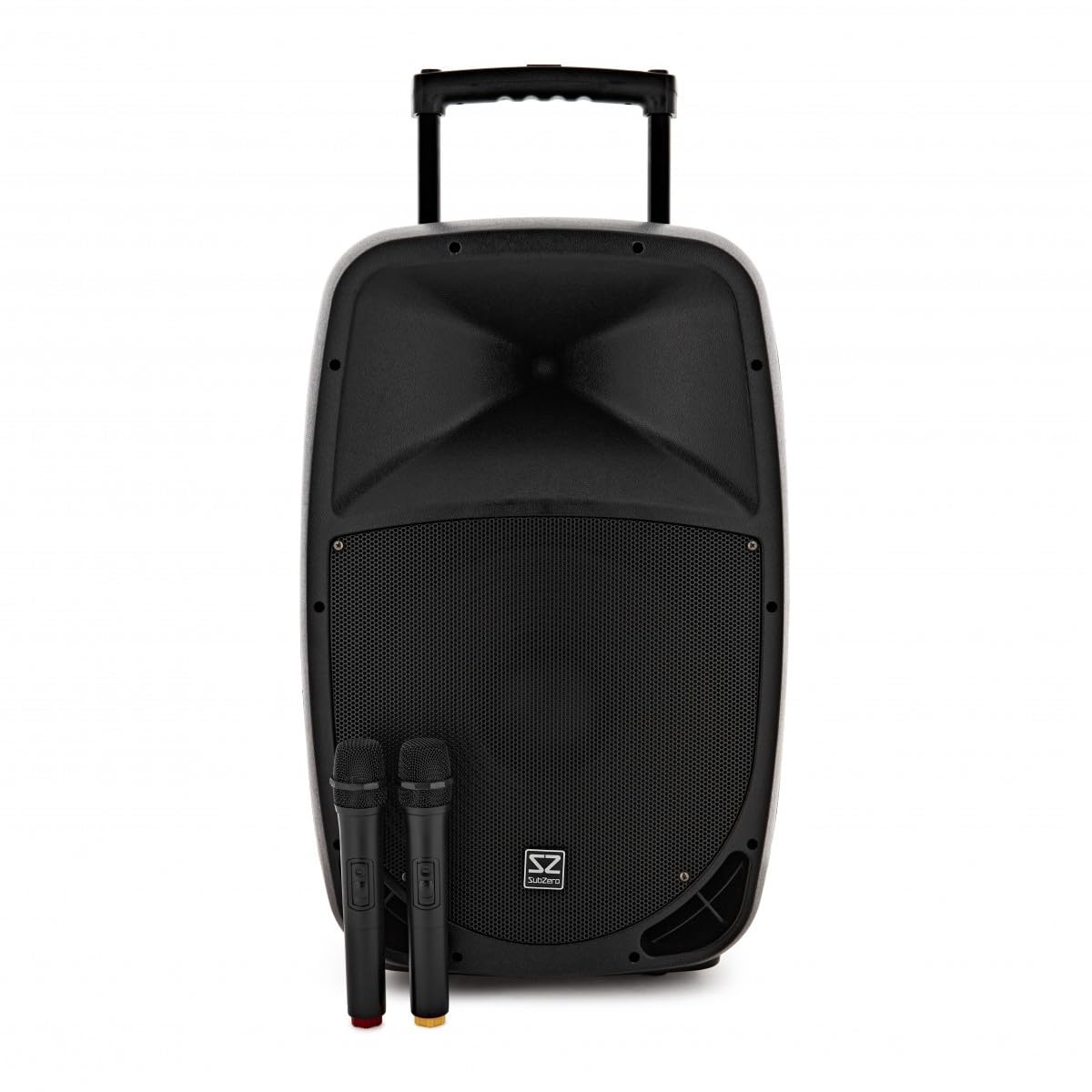 SubZero P15 Altavoz de PA Portátil con Bluetooth y Micros Inalámbricos | Hasta 4 horas de batería, diseño tipo trolley con ruedas, reproductor multimedia con USB, SD y Bluetooth