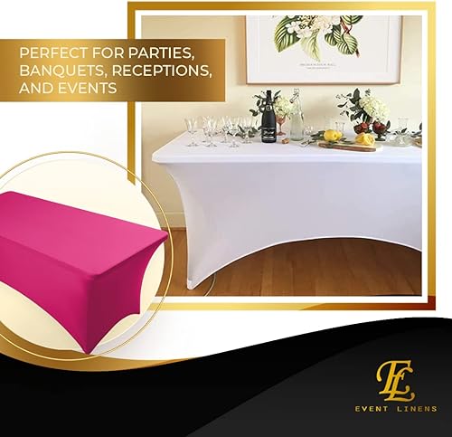Miniatura 5 de Mantel rectangular de lino de elastano de 6 pies, color fucsia, funda ajustable para mesa plegable de 6 pies, ropa de cama de boda, paños de