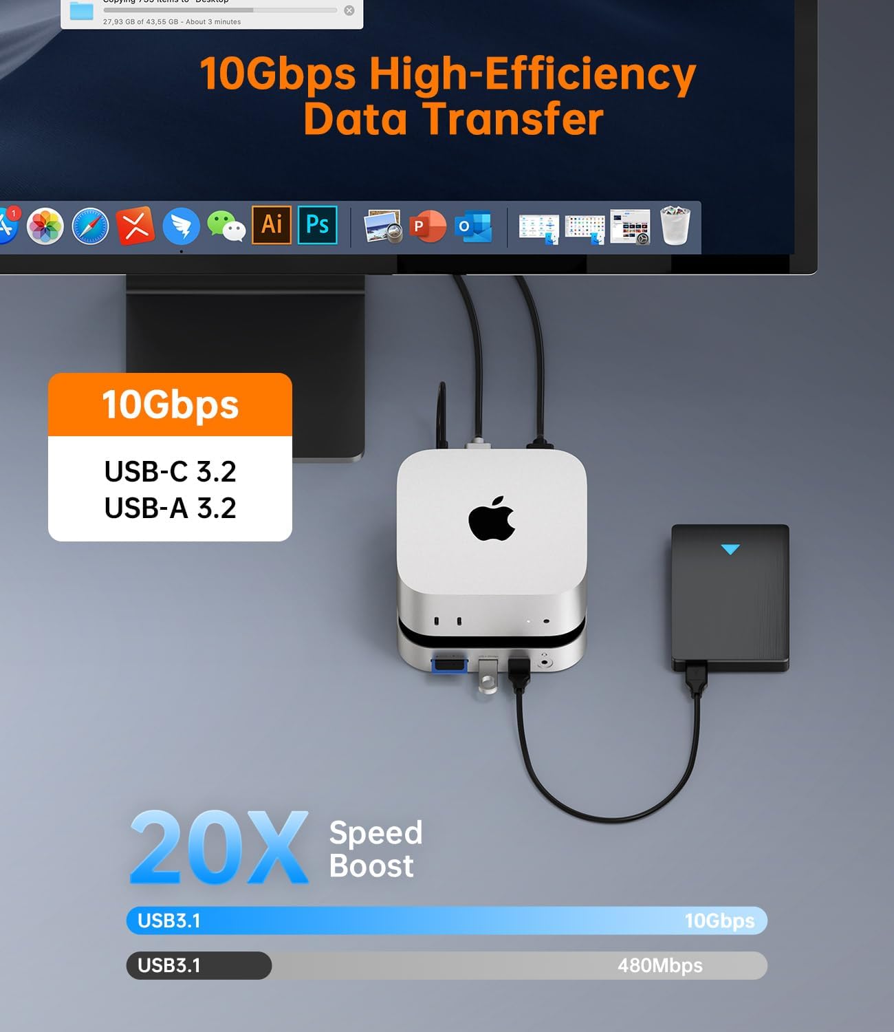 NOVOO Mac mini M4 Dock, Aluminum Mac mini Docking Station for Apple Mac mini M4 / Mac mini M4 Pro, M.2 NVMe 2280 SSD Enclosure, 10Gbps USB-C & USB-A, SD/TF, Audio, One-Press Power, Mac mini Hub