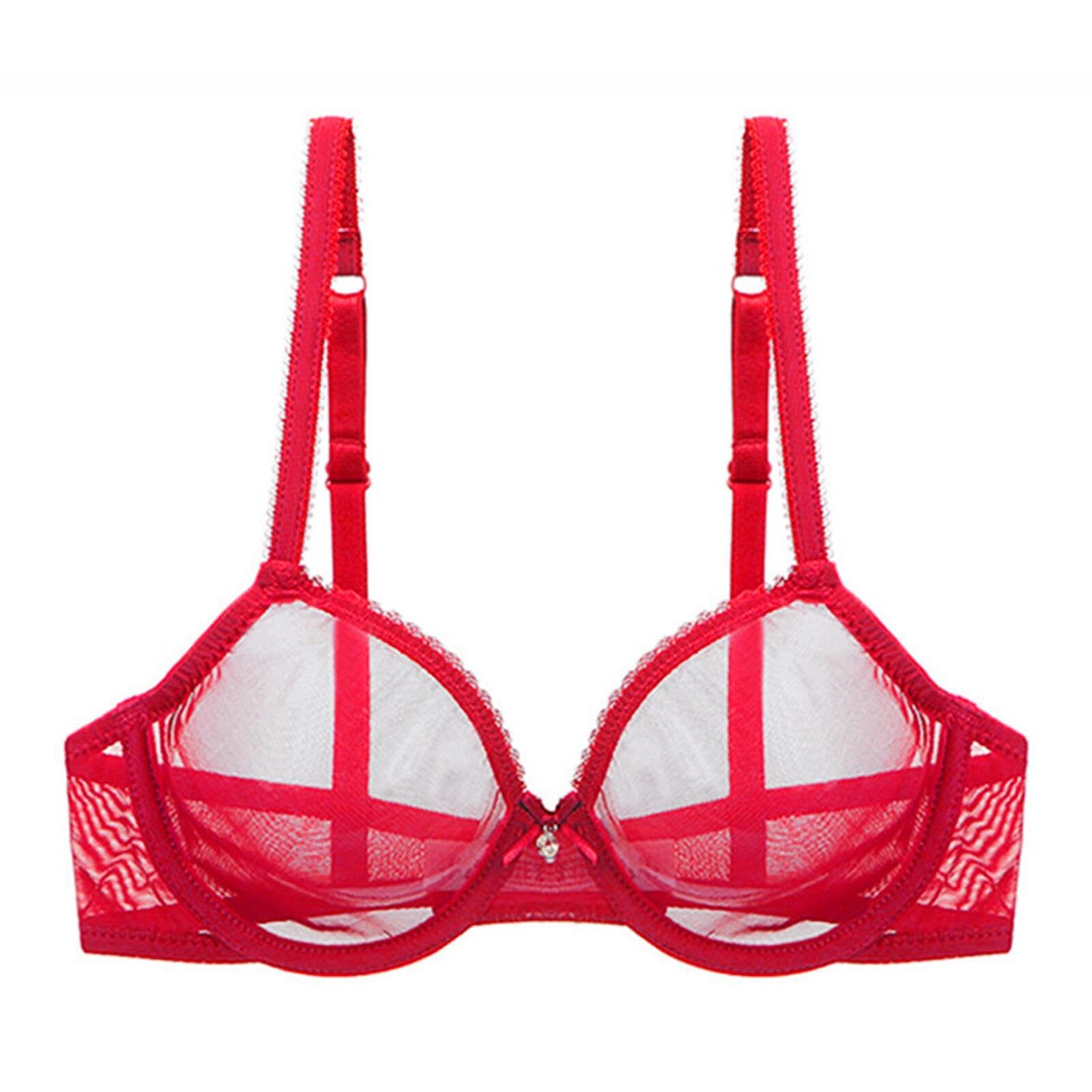 YUYUCH Sexy Mesh Lace See Through Unlined Sheer Bras Underwire Non Padded Ultra Thin Bralettes for Women Red