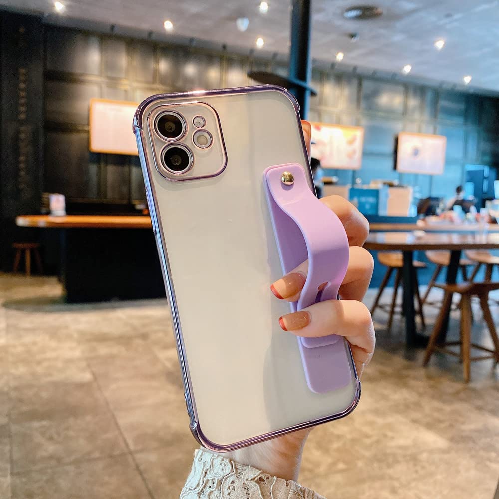 Coque violette pour iPhone 14 avec dragonne pour sécuriser vos déplacements