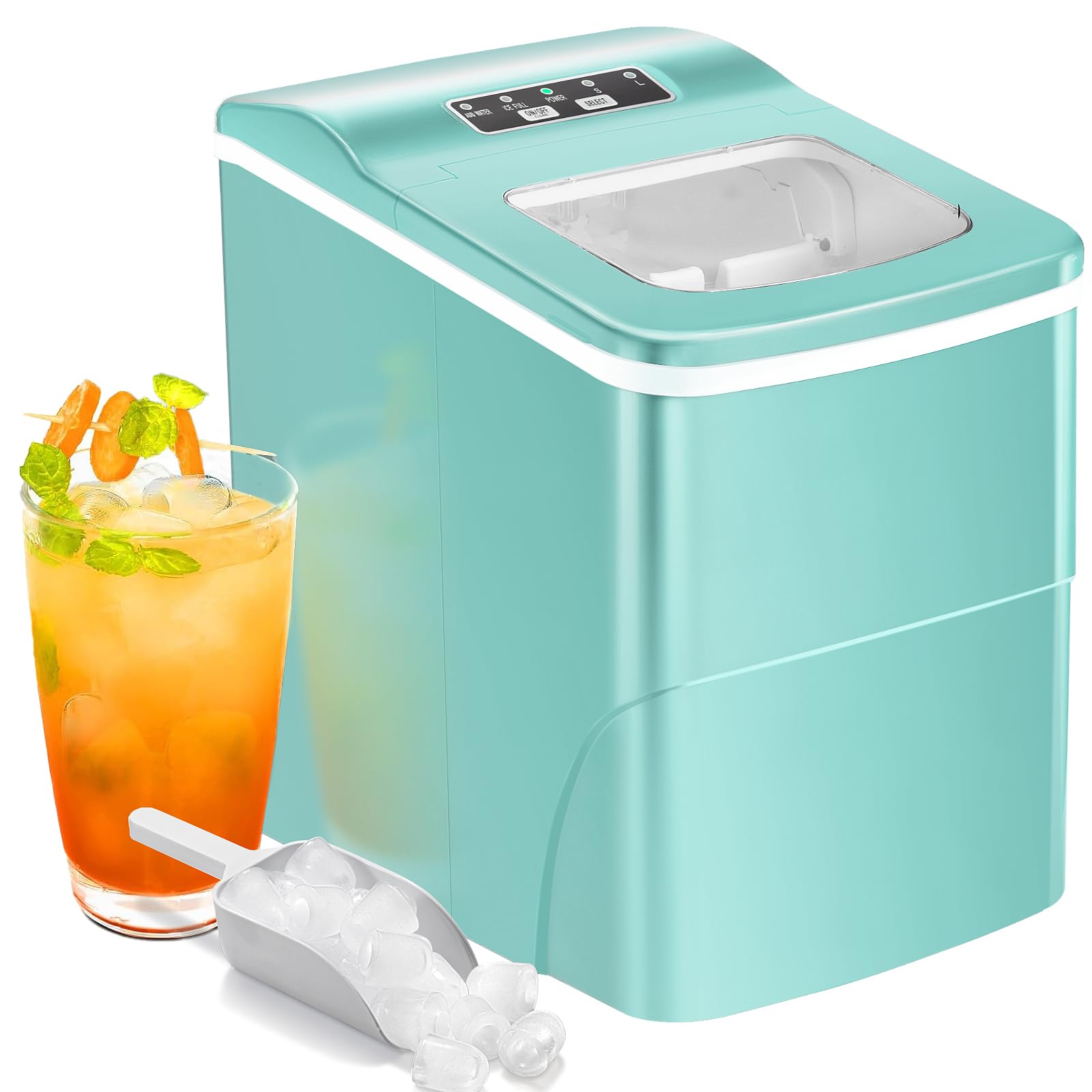 AGLUCKY Countertop Ice Maker Machine, Portable Small Ice Maker with Ice Scoop Basket Makes 9 Bullet Ice Cubes in 6-8 Mins, Self-Cleaning Function, Compact Ice Maker for Home Kitchen Office Red (Green)