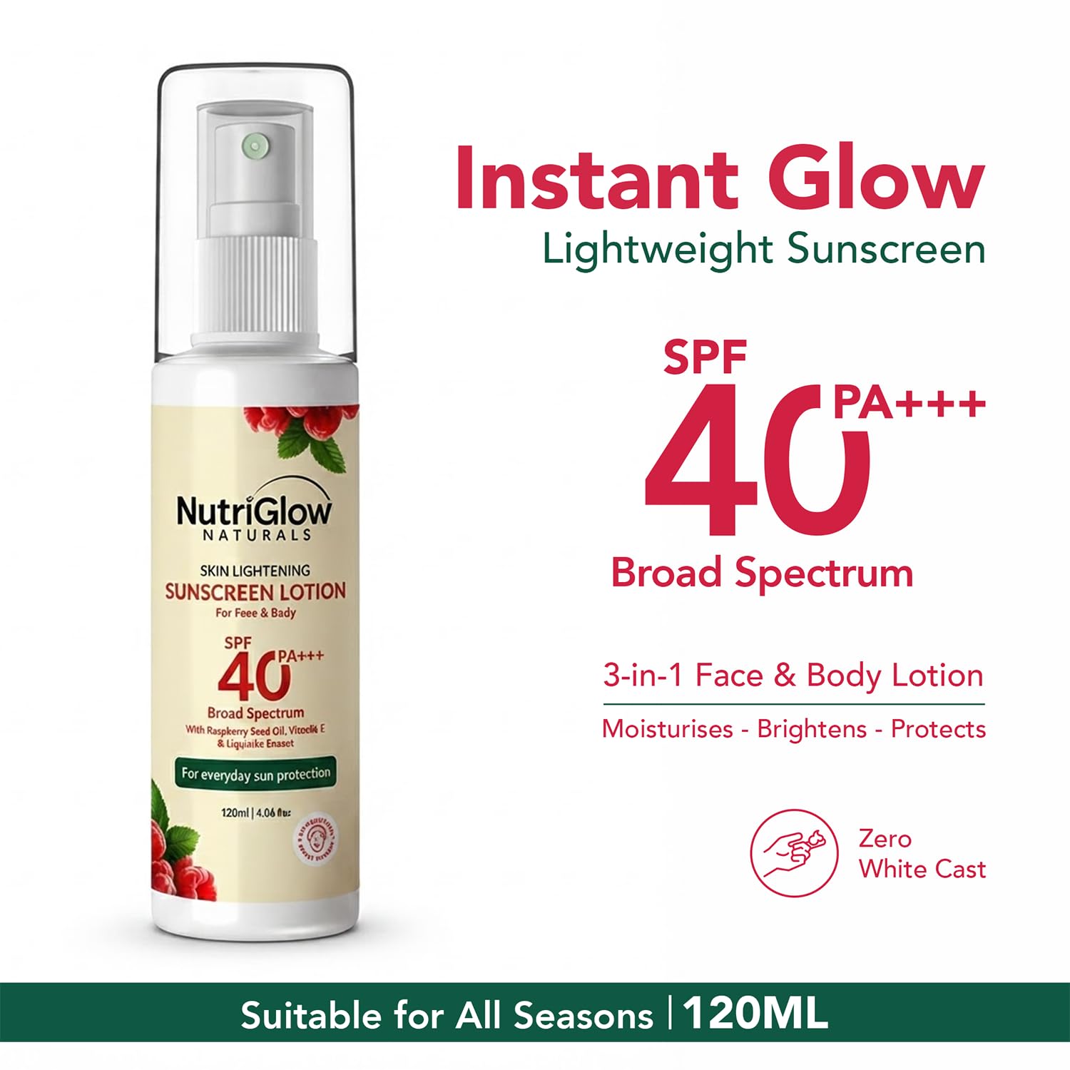 NutriGlow Naturals Skin Lightening Sunscreen Lotion for Face & Body | SPF 40 PA+++ | Broad Spectrum UVA & UVB Protection | With Liquorice Extract, Raspberry Seed Oil & Vitamin E | Lightweight, No White Cast, Non-Greasy | For Men & Women | All Skin Types- Oily, Dry, Sensitive |120 ml Pack of 2 1