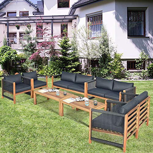 Tangkula-Outdoor-Wood-Furniture-Set-Acacia-Wood-Frame-2-Loveseat-Sofa-4-Single-Chairs-and-2-Coffee-Table-8-Pieces-Conversation-Set-with-Cushions-Garden-Balcony-Poolside-Outdoor-Living-Set2-Grey Tangkula Outdoor Wood Furniture Set Acacia Wood Frame 2 Loveseat Sofa 4 Single Chairs and 2 Coffee Table 8 Pieces Conversation Set with Cushions Garden Balcony Poolside Outdoor Living Set2 Grey