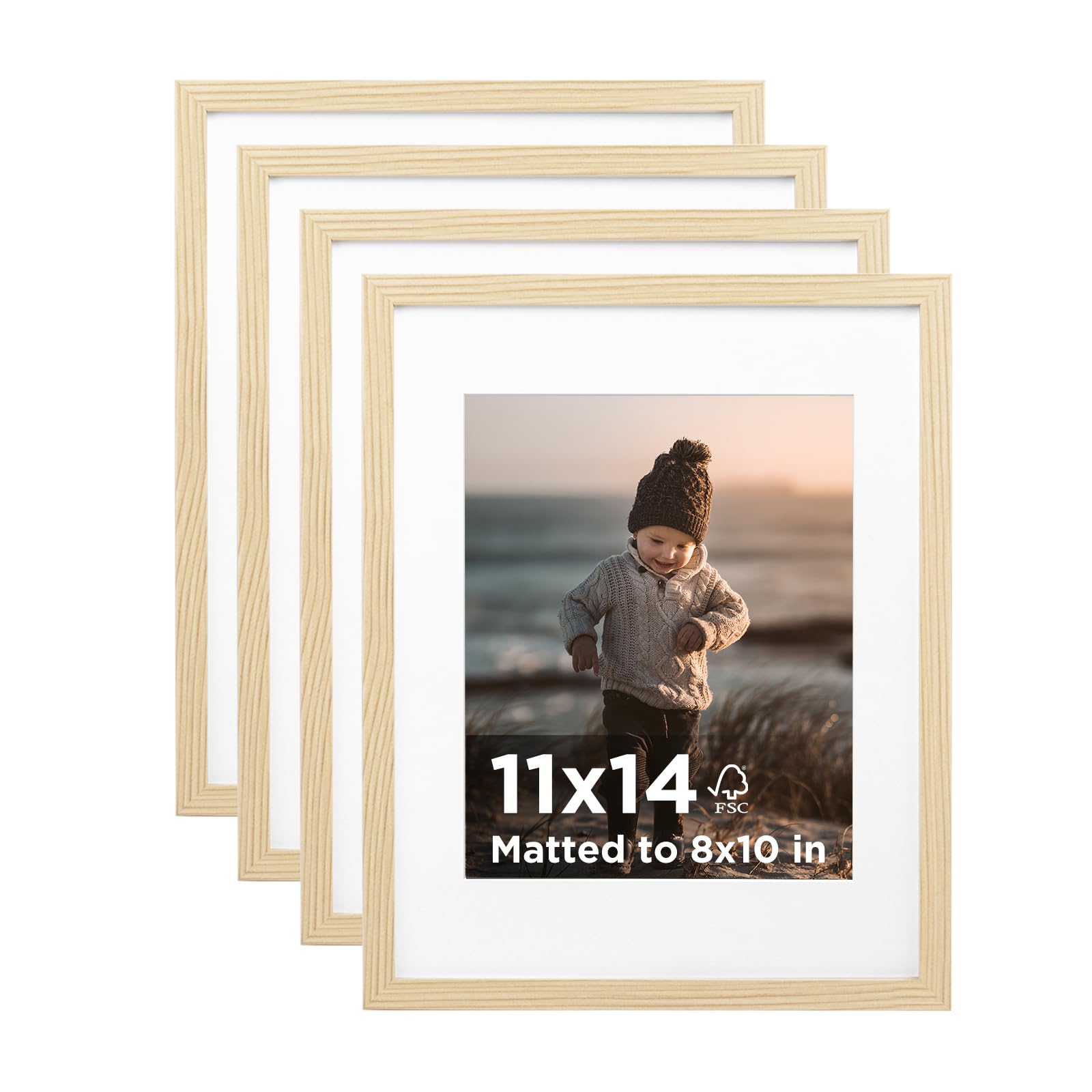 KINLINK 11x14 Picture Frame Wood Grain Set of 4, Wooden Photo Frames Matted 8x10 with Plexiglass for 8x10 with Mat or 11x1...