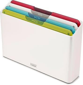 Joseph Joseph Folio Icon, 4-Piece Colour Coded Chopping Board Set, Slimline Case for Organised Kitchen Storage - Regular, White