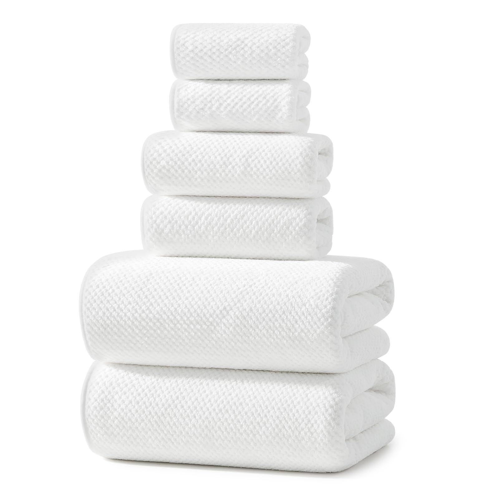 REDKISS 6 Piece White Towel Set - Extra Large Microfibre Bathroom Towel Set, 2 Bath Towels, 2 Hand Towels, 2 Washcloths, Soft, Absorbent and Quick Dry Camel Towels for Bathroom, Gym, Spa & Hotel