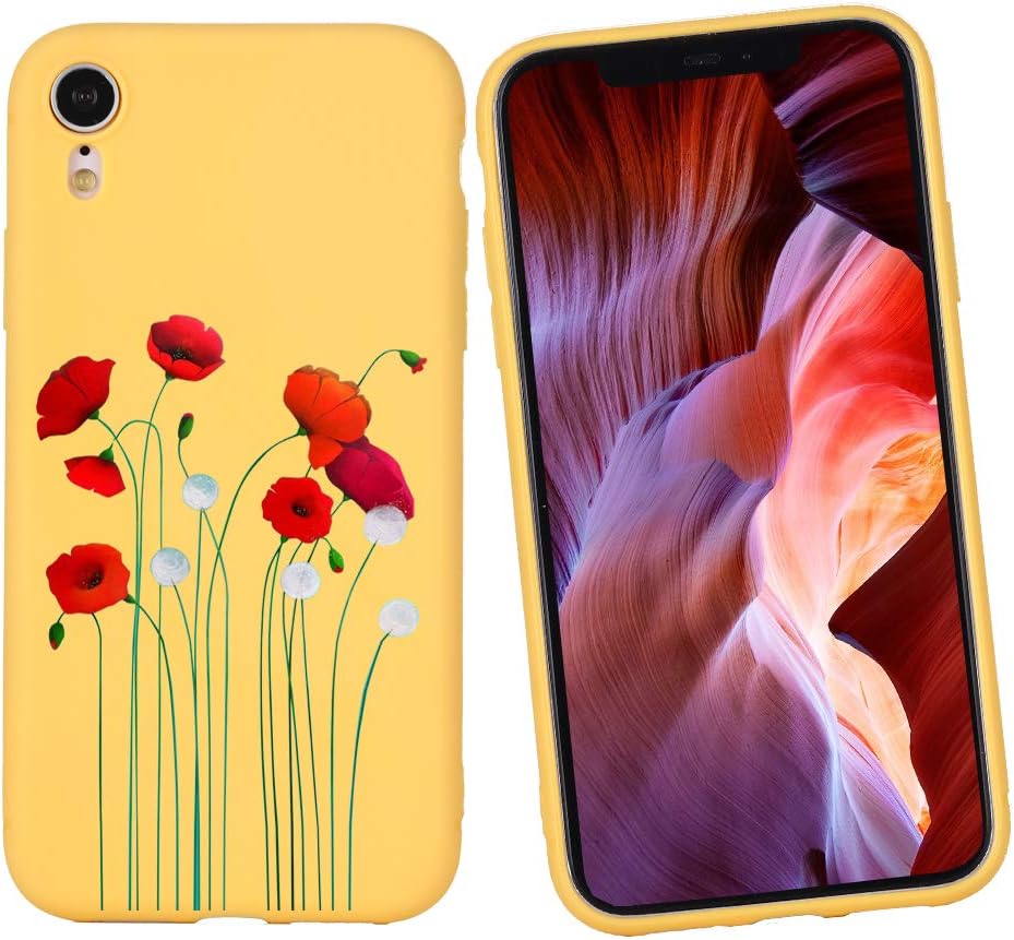 Idocolors Yellow Case for iPhone XR Red Floral Girly Wildflowers TPU Cover for Girls & Women Soft Bumper Protective Wild Flower Phonecase