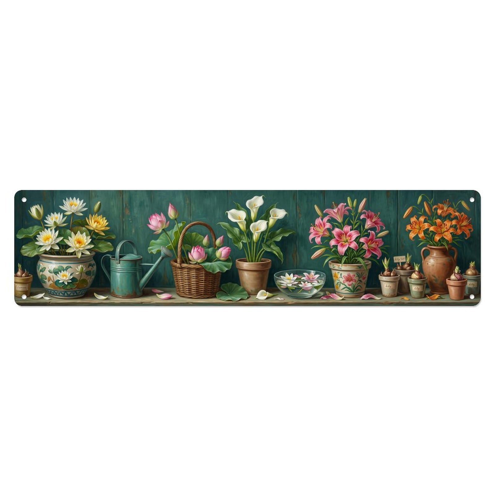 Okahys 4X16inch(10X40cm) Floral Garden Tools Lily Pond Pattern Print Metal Tin Sign