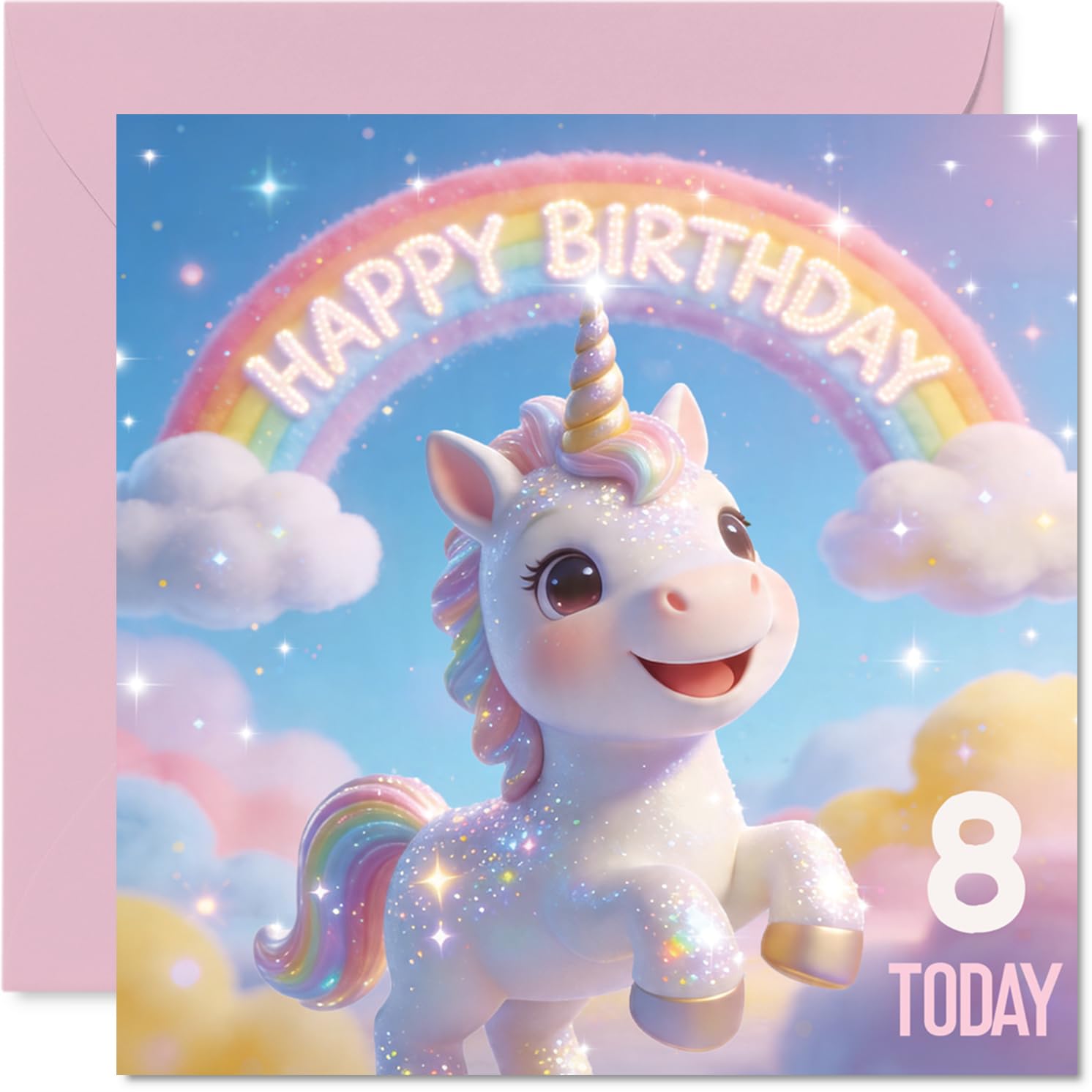 Cute 8th Birthday Card, Whimsical Unicorn and Rainbow Scene