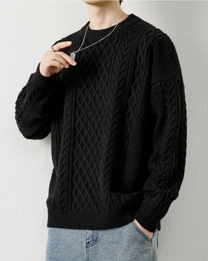 POHADON Men's Crewneck Pullover Tops Vintage Chunky Long Sleeve Fisherman Twist Patterned Cable Sweater Fall Winter Clothes4