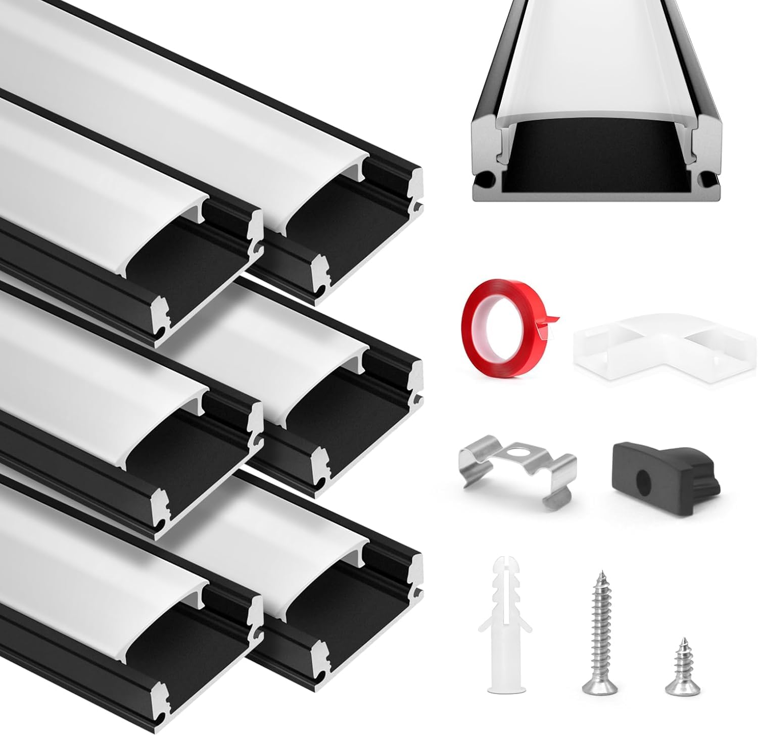 HOMMAND Lot de 6 profilés LED en forme de U de 1 m et diffuseur, bande LED avec connecteur d'angle, colle, embouts et clips de montage, 6 m
