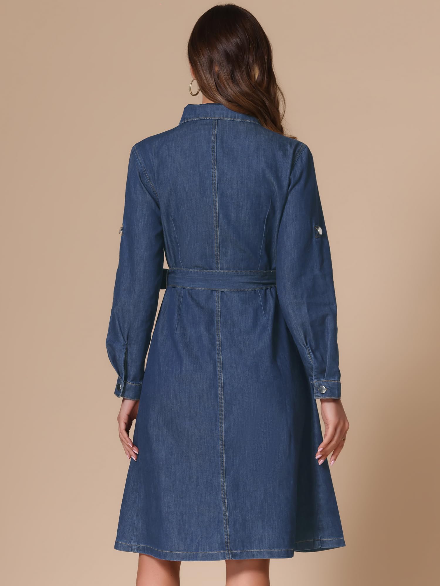 Allegra K Abito Camicia in Denim da Donna Abbottonato Manica Lunga con Cintura Classico Abito in Jeans