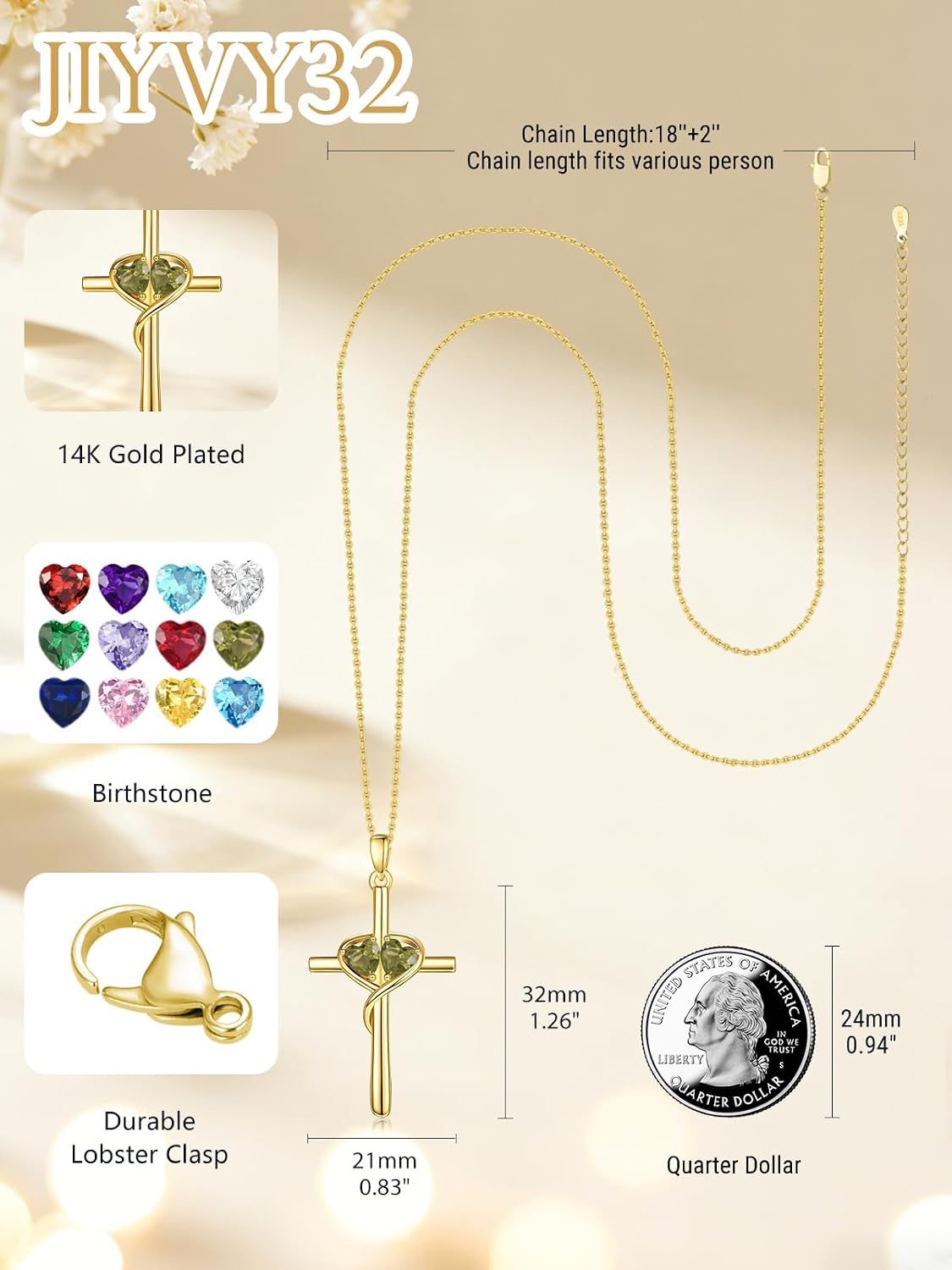 Gift for Wife Cross Necklace 14K Gold Plating Cross Christian Religious Gifts Anniversary Birthday Gifts for Women Double Birthstones Peridot & Peridot Necklace August & August