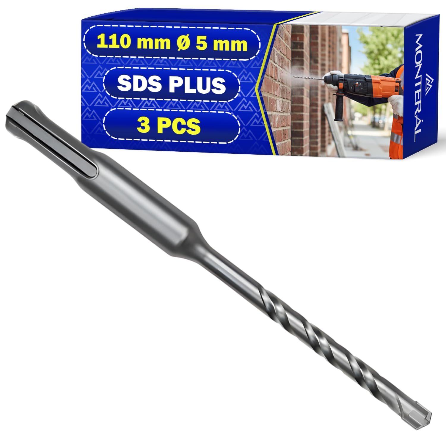 3 Piezas Juego Brocas Hormigon SDS Plus Ø 5 mm x 110 mm en Acero y Carburo de Tungsteno - Broca para Hormigon Puede Usar para Ladrillo Paredes Piedra Hormigón Armado - MONTERAL
