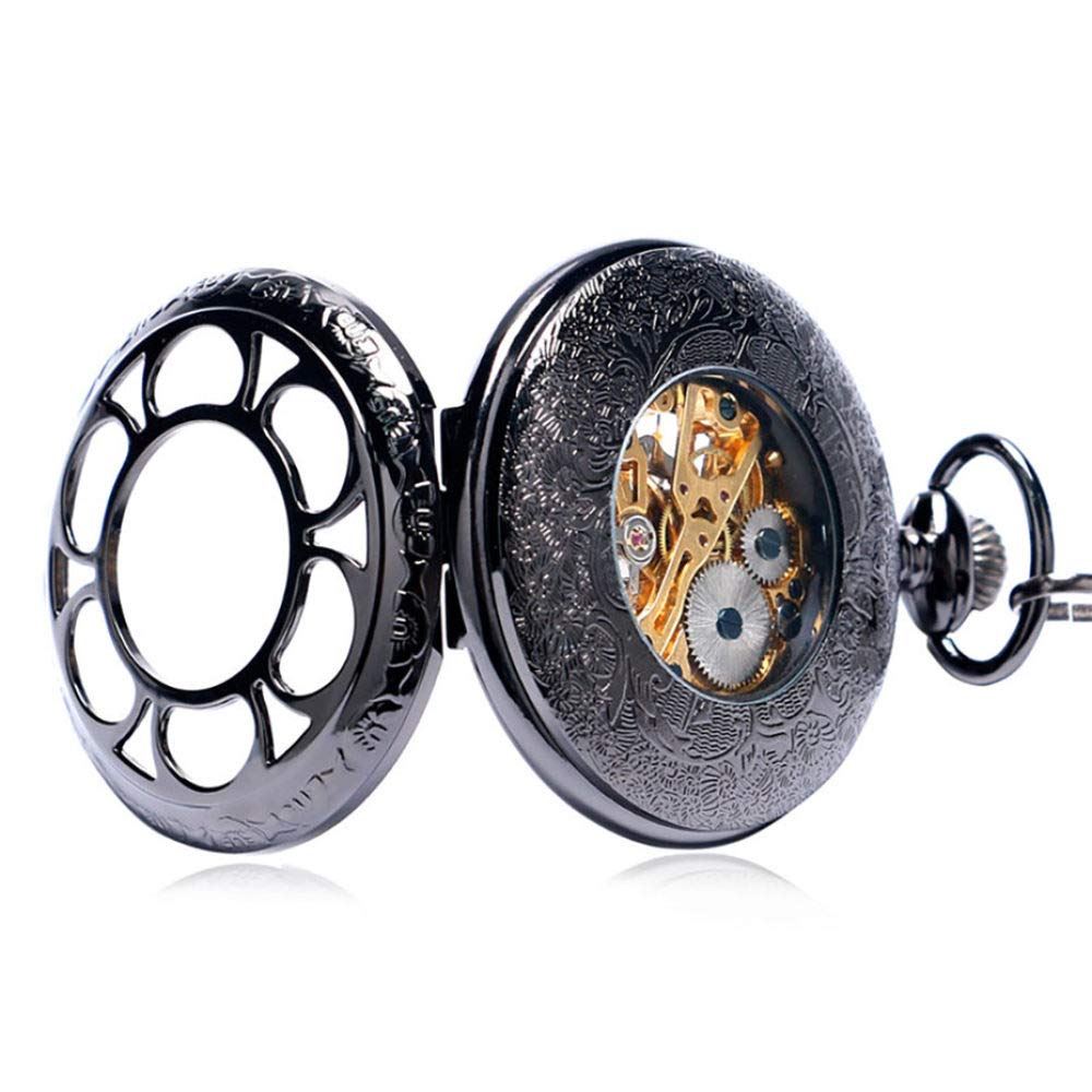 Vintage Schwarz/Silber halbkreis mechanische Handwindtaschenuhr Kette Luxus Steampunk Frauen Männer Uhren männliche Uhr Geschenke