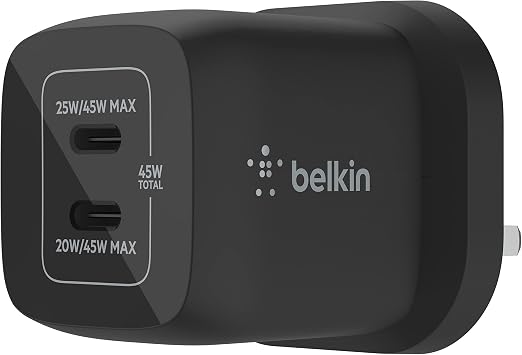 Belkin 45W Dual USB Type C Wall Charger, Fast Charging Power Delivery 3.0 with GaN Technology, USB C Charger for iPhone 17, iPhone Air, iPad Pro, MacBook, Samsung Galaxy S25, Pixel And More - Black