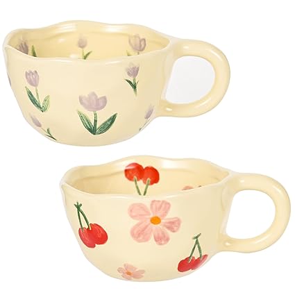 MAKCNMYM 2 Pack Ceramic Coffee Mugs, Unique Creative Flower Mug Vintage Floral Tea Cups with Handles, 10 oz Cute Irregular Aesthetic Mug for Latte Cocoa Milk, Beautiful Cups are Best Gifts for Women