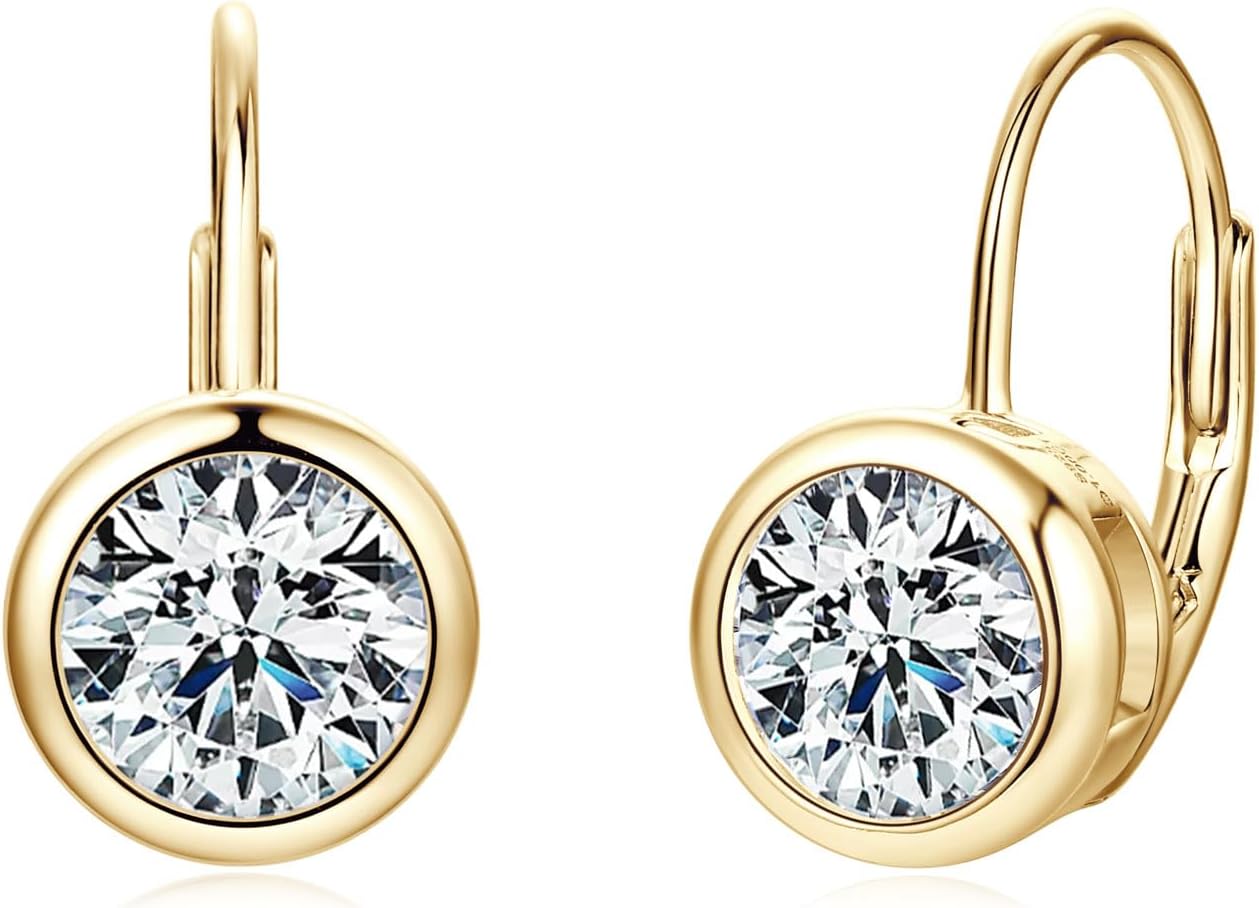Moissanite Hoop Earrings, 925 Sterling Silver Hypoallergenic Bezel Set Leverback Drop Earrings for Women, D Color VVS1 Lab Created Imitation Diamond Round Cut Jewelry Gifts