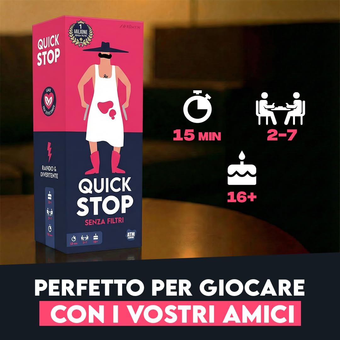 ATM Gaming QUICKSTOP Original + QUICKSTOP Senza Filtri - Gioco di Carte - Da 2 a 7 Giocatori - Perfetto per Creare Atmosfera - Party Game Italiano