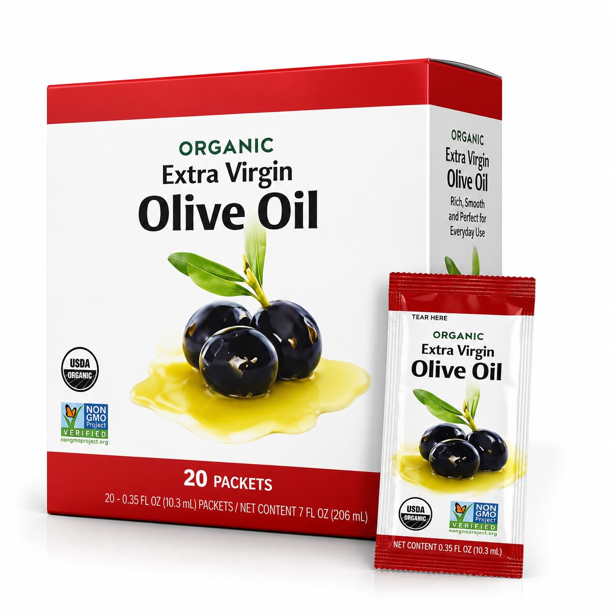 Organic Extra Virgin Olive Oil Portion Packets, 20 Count, Single Serve 11 mL, USDA Organic, Non-GMO, Individual Packets for Salads, Bread, Pizza, Pasta and On-the-Go Meals