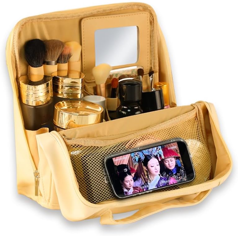 standing makeup bag, Women's Large Capacity Foldable Magnetic Travel Makeup Storage Bag, waterproof pu leather Portable Open makeup bag with dividers and Mirror,beige