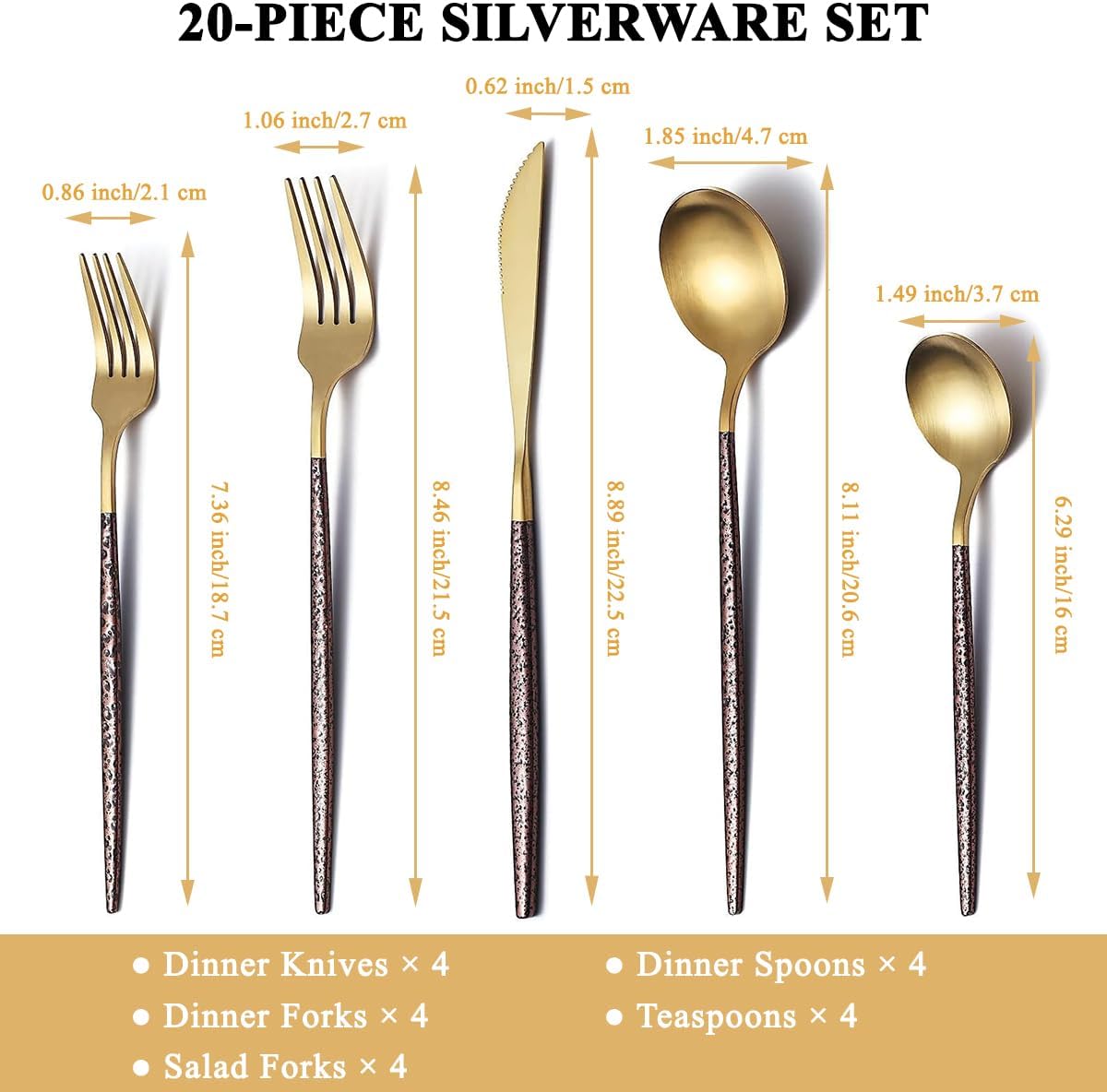 Silverware 20 Pieces, Moon Surface Handle and Matte Gold Head Flatware, Stainless Steel Cutlery Set, Utensils, Service for 4 image 2