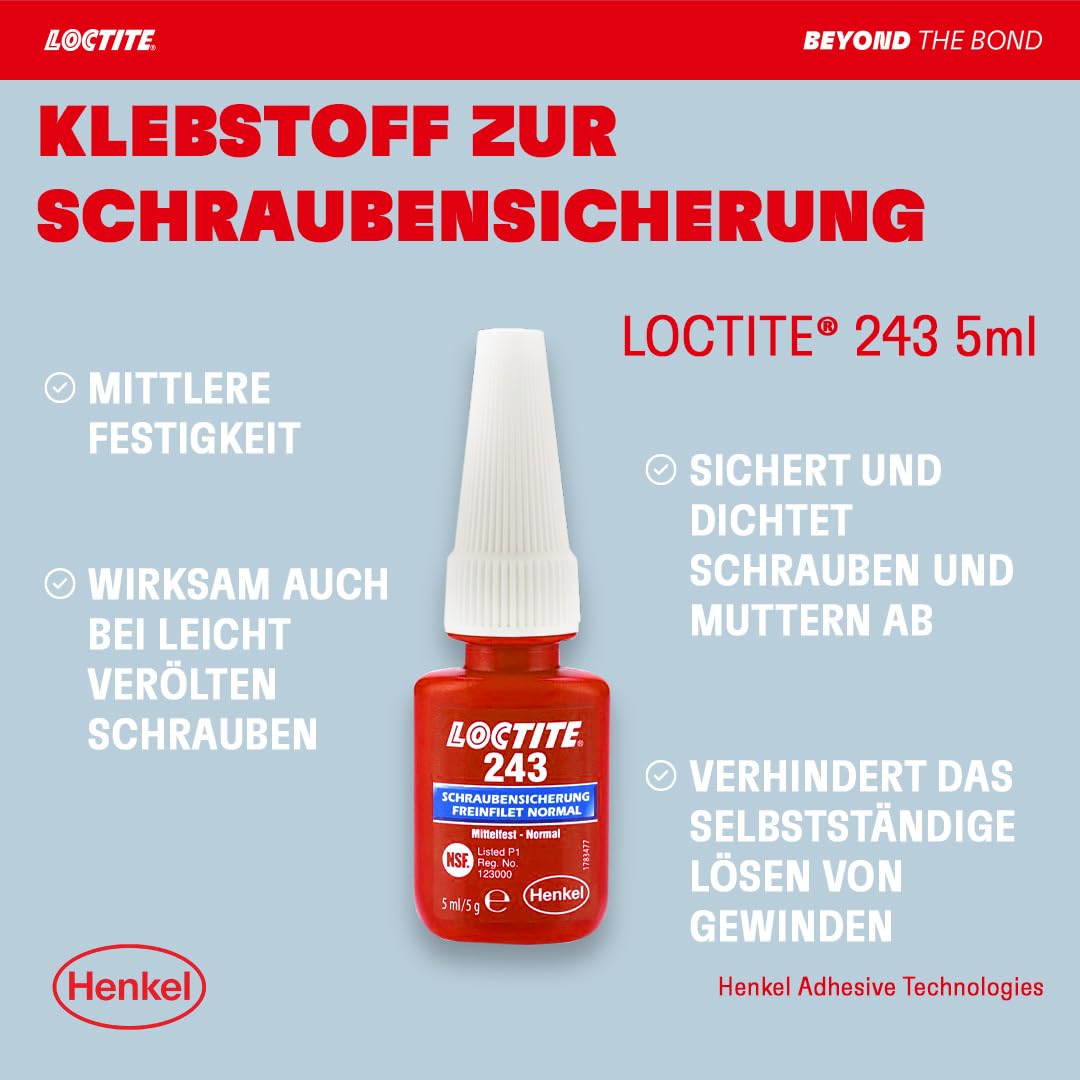 Adhesivo para tornillos Loctite 243, resistencia moderada, tubo plegable de 5 ml.